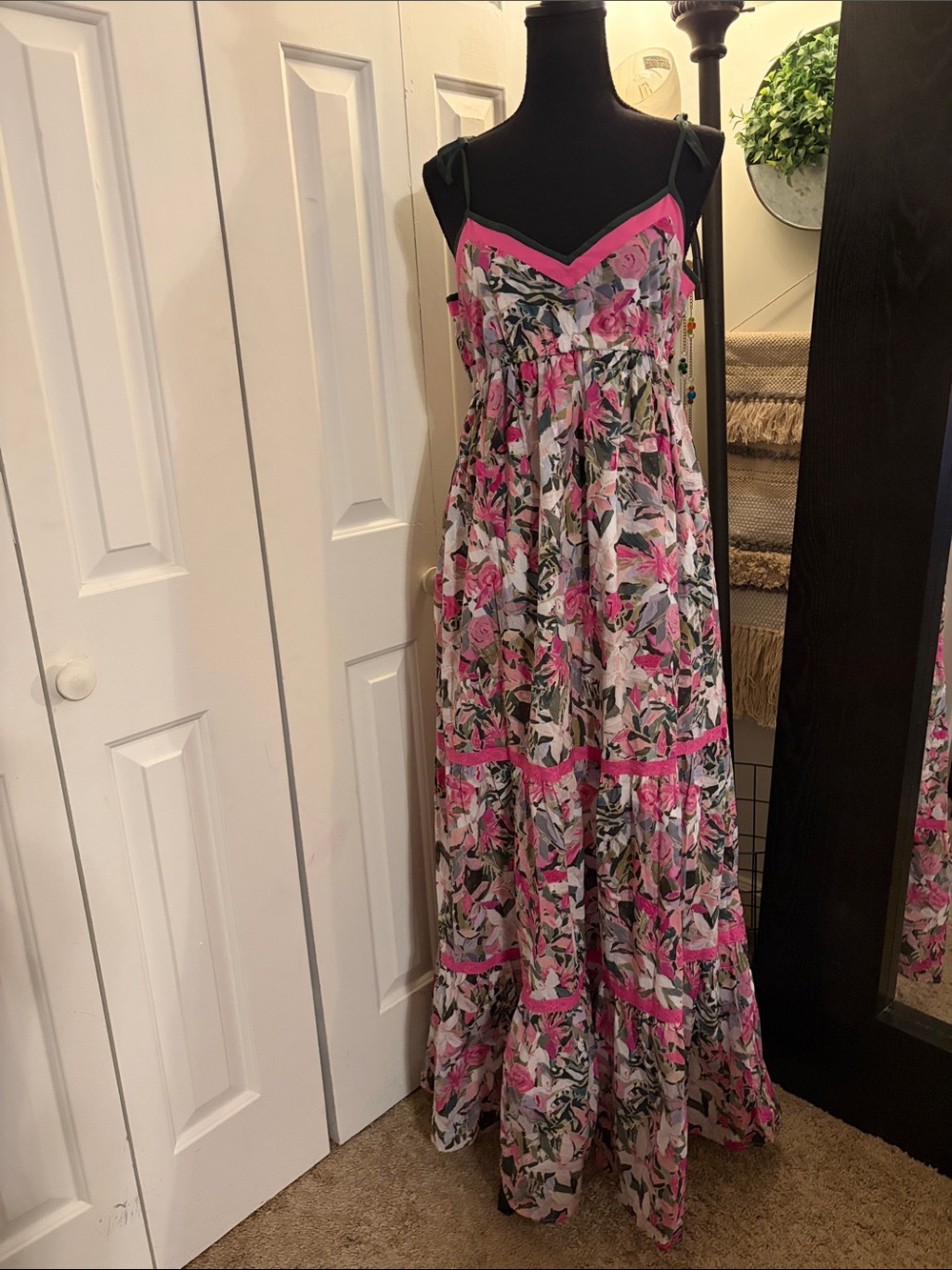Floral Pink Multicolor Cotton Maxi Dress with Bright Trim